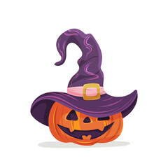 Vector illustration of a carved pumpkin wearing a purple witch hat. Perfect for Halloween invitations, party posters, labels, stickers, banners and seasonal packaging