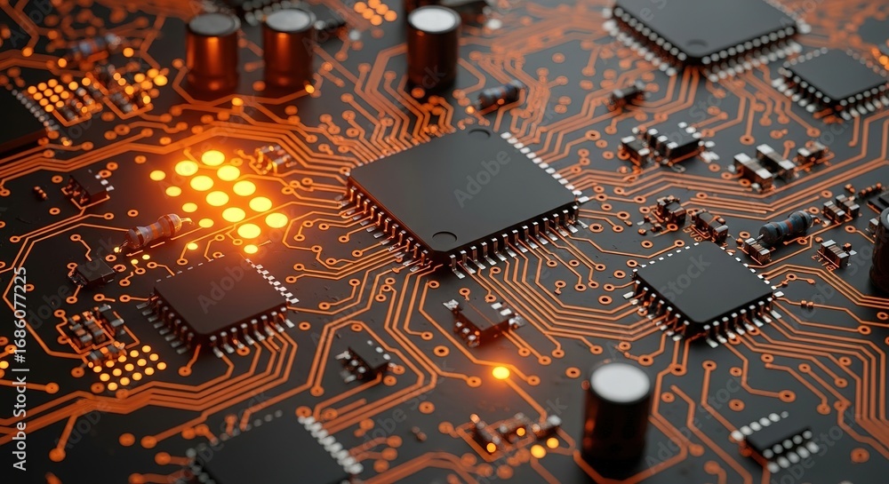 Poster illuminated circuit board with glowing orange pathways and integ
