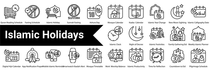 Islamic holidays Icon Collection and Set Containing: Islamic Calendar  ,Hijri Date  ,Crescent Moon  ,Full Moon  ,Moon Phases  ,Star & Moon  ,Islamic Months  ,Hijri to Gregorian  ,Prayer Times  © RanuKumbolo.lab