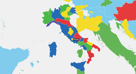 Obraz premium Vibrant depiction of the Italian geographical landscape with a clear emphasis on Rome, using distinctive hues to delineate regional borders and