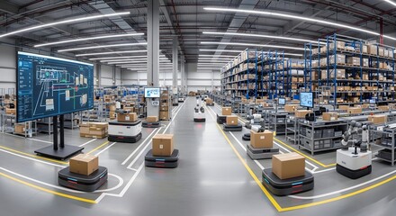Automated Warehouse Operations Robots Transporting Packages in a Modern Logistics Center
