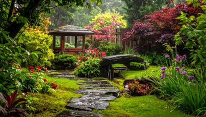 Tranquil Japanese Garden with Stone Pathway and Pagoda Structure