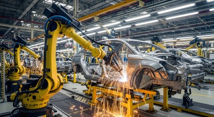 Automated Production Line Robots Welding Car Bodies in an Automotive Factory