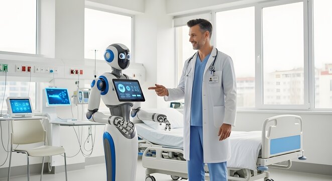 Male doctor collaborates with an advanced medical robot in a futuristic hospital ward