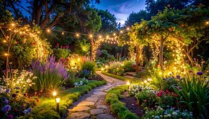 Obraz premium Enchanting Evening Garden Pathway Decorated with Warm String Lights