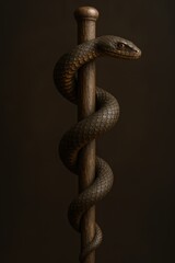 Fototapeta premium Serpentine Symbolism: An evocative image of a snake entwined around a staff in dark setting