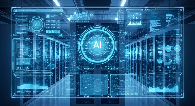 Artificial intelligence in futuristic data center with glowing digital interface and server racks