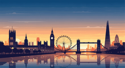 Naklejka premium London city skyline silhouette at sunset with golden sky reflecting in the water urban landscape illustration of iconic landmarks in silhouette