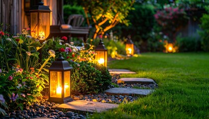 Obraz premium Cozy Garden Pathway with Lanterns Illuminating Nighttime Beauty