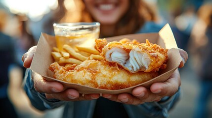 Woman holding fish and chips in cardboard container.  Smiling face,  hands holding food tray with golden fried fish and fries,  drink in background.  Outdoor setting, blurred background,  fresh food