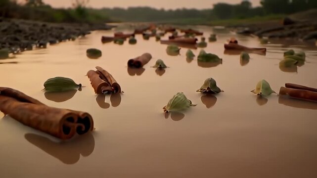 Cinnamon sticks and green cardamom pods floating in warm, muddy river water at sunset.