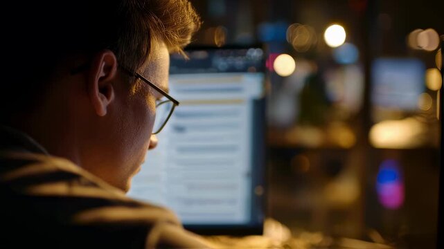 Medium shot of a responsible data steward reviewing error logs on a monitor with the error list prominent and the background softly blurred.