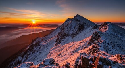 Obraz premium Majestic Mountain Peak Illuminated by a Fiery Sunset's Golden Gl