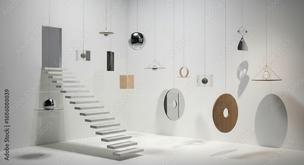 Poster minimalist room with floating stairs and geometric hanging sculp