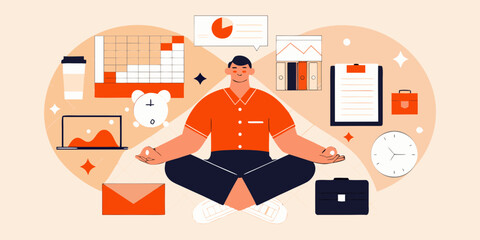 Man in lotus position meditating surrounded by office and business elements symbolizing work life balance