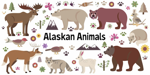 Obraz premium Collection of alaskan wildlife animals including bears moose fox rabbit birds and arctic fox