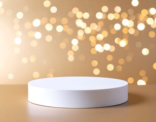White cylinder podium on a tan surface with golden bokeh
