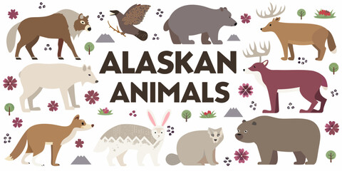 Collection of alaskan animals including bears wolves deer fox rabbit and birds in a flat design style