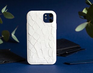 White crocodile-skin phone case on navy background