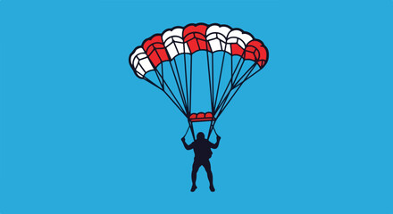 Silhouette of a skydiver descending with a vibrant parachute against a clear blue sky capturing the thrill of free fall and adventure in outdoor