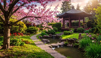 Serene Japanese Garden with Cherry Blossoms and Gazebo at Sunset