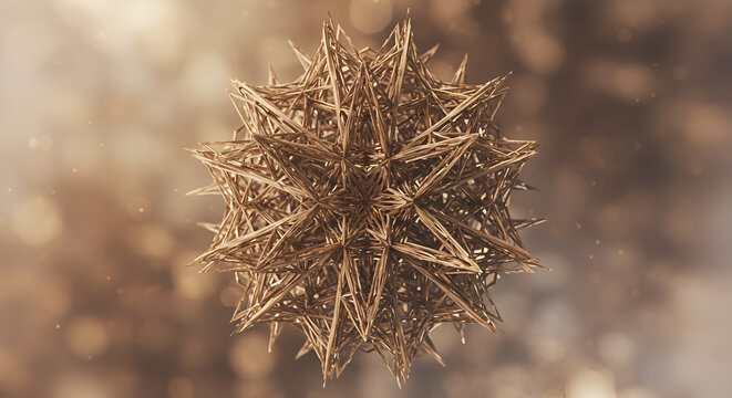 Golden geometric star-shaped object with intricate patterns against a blurry background