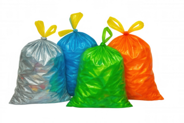 Garbage bags bundled, yellow-knotted, prepared for waste removal against transparent backdrop