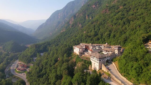 Aerial view of Saint Jovan Bigorski Monastery in North Macedonia, surrounded by mountains