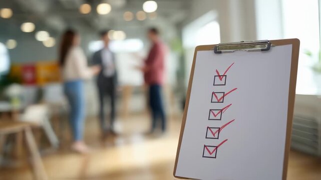 Medium shot showing a clipboard with a privacy request checklist clear in focus while the surrounding workspace and personnel are gently blurred.