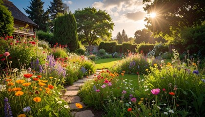 Obraz premium Vibrant Flower Garden Pathway During Golden Hour Sunshine