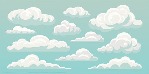 A collection of fluffy white cartoon clouds scattered across a light blue sky background