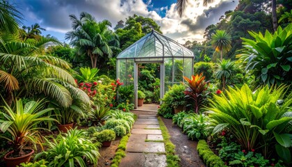 Obraz premium Serene Greenhouse Surrounded by Lush Tropical Plants and Flowers