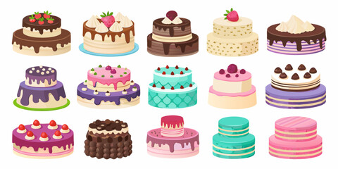 Collection of colorful and delicious multi tiered cakes with various decorations and toppings
