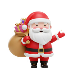 3D Santa Claus Character Carrying Gift Sack, Isolated on Transparent Background, Christmas PNG for Festive Holiday Designs, Seasonal Marketing, and Gift-Themed Graphics