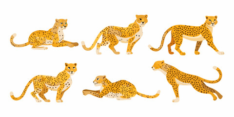 Collection of six stylized cheetahs in various poses on a white background