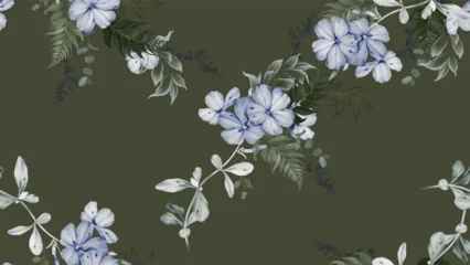 Gordijnen Bladeren Floral seamless pattern features clusters of watercolor illustrations of Cape leadwort flowers and variety of dark green leaves on a dark olive green background  © momosama