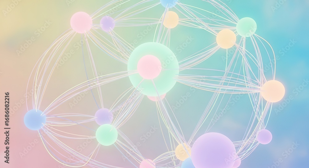 Poster pastel spheres connected by delicate lines on a gradient backgro