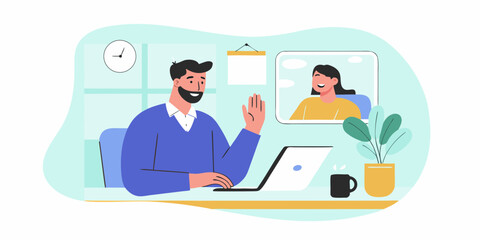Man and woman having a video call conversation while working from home or office