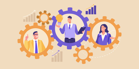 Business team collaboration and innovation with gears and growth charts