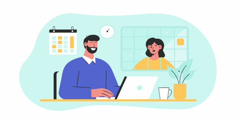 Man and woman collaborating remotely through video call on laptop with calendar and clock in background