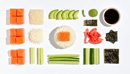 Fresh salmon avocado rice nori ginger wasabi and soy sauce arranged for delicious sushi making
