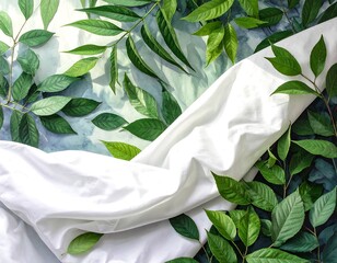 White fabric draped over green leaves