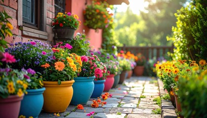 Obraz premium Colorful Flower Pots Lining a Charming Garden Pathway in Sunlight