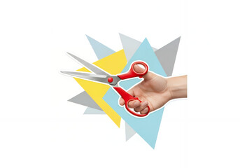 A hand in a white shirt holds scissors. Transparent background