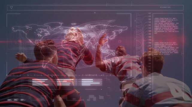 Rugby teammates hoisting jumper after lineout throw, securing ball with broadcast data overlay