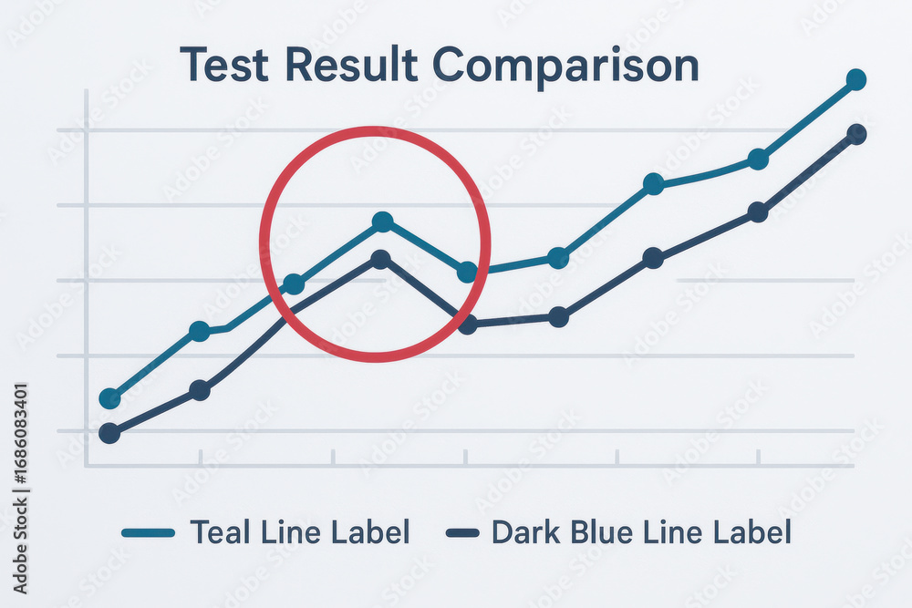 Poster test result comparison chart with teal and dark blue line label, industry data analysis, highlighted