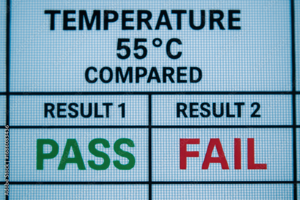 Poster test result comparison in industry at 55 degrees celsius with pass and fail outcome displayed clearl