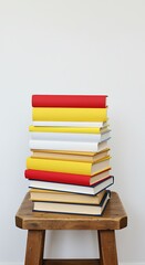 Stack of colorful books resting on a rustic wooden stool yellow
