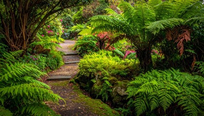 Lush Green Pathway Surrounded by Ferns and Vibrant Plant Life