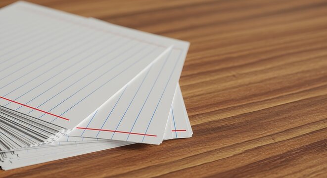 Stack of white lined index cards with red margin on wooden table note cards flashcards